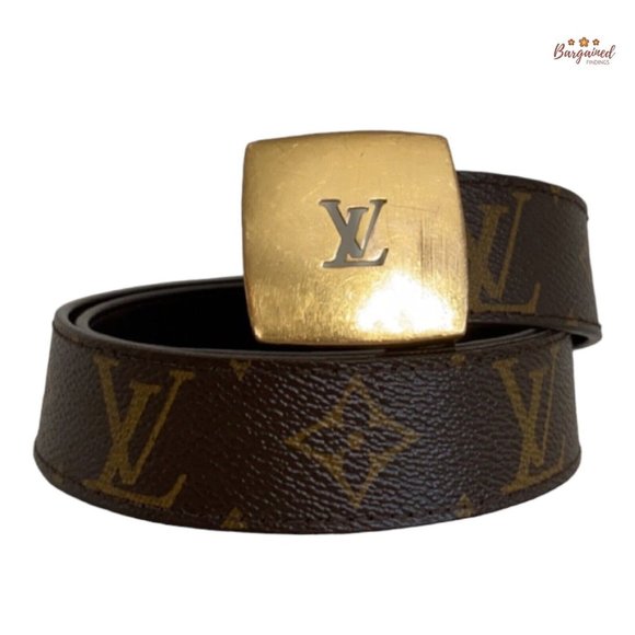 Authentic Louis Vuitton Brown Monogram Canvas Gold LV Cut Buckle Belt 75/30 - Picture 1 of 15